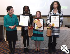 Pictured: (from left) First Lady Yumi Hogan with first-place winners: middle school winner Amira Allen, Howard County; elementary school winner Kaelyn Shannon, Anne Arundel County; and high school winner Dominique Ramsey, Wicomico County.
